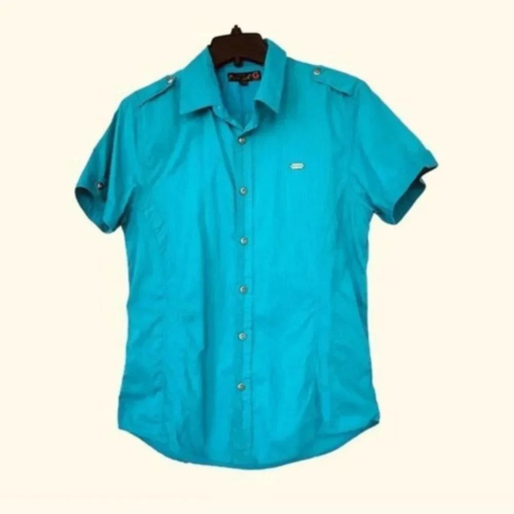 G ny Guess men’s short sleeve button down green shirt size Medium Preloved